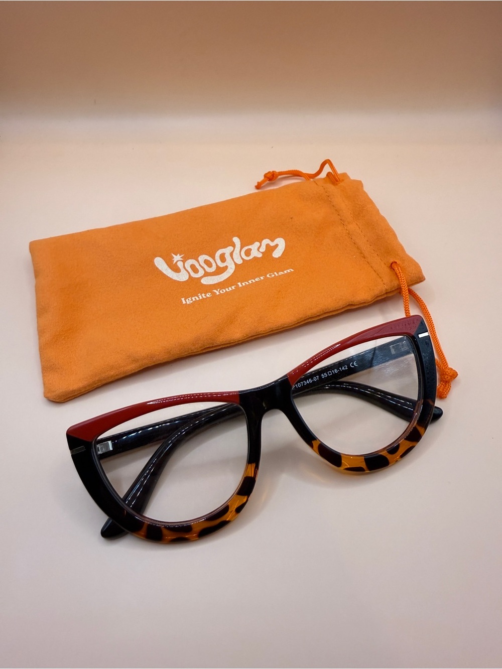 Vooglam Cat-Eye Tortoiseshell & Red Glasses with Orange Pouch, No prescription
